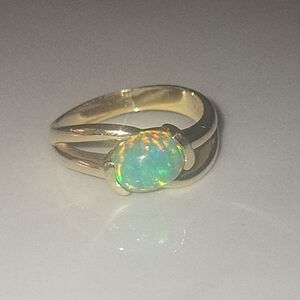 Opal Cabochon Gold Ring - Green Multi-Flash